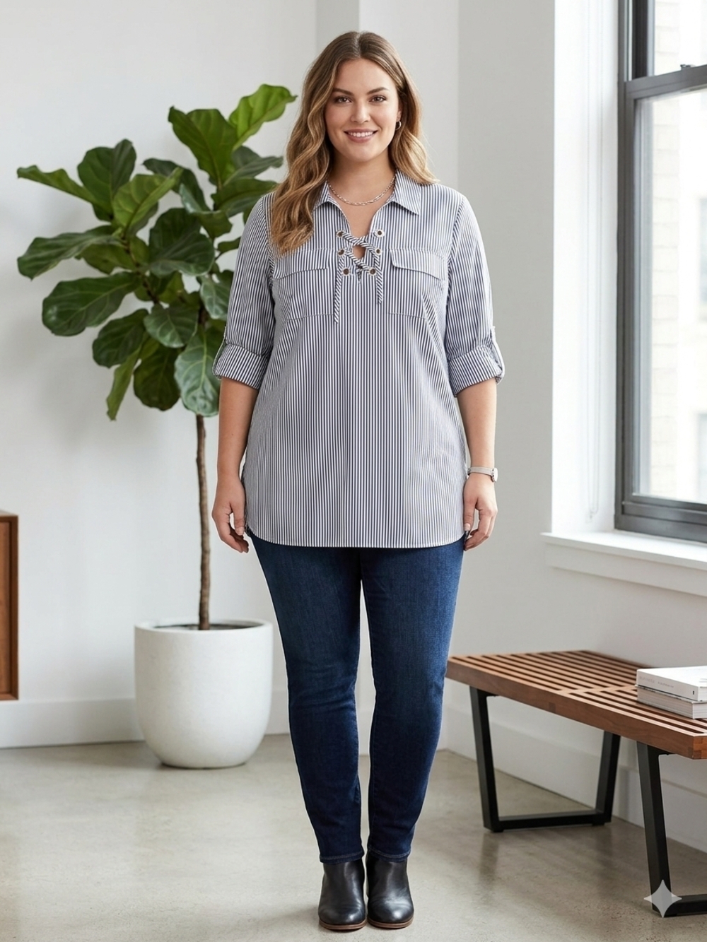 Calvin Klein Black & White Striped Lace-Up Tunic
